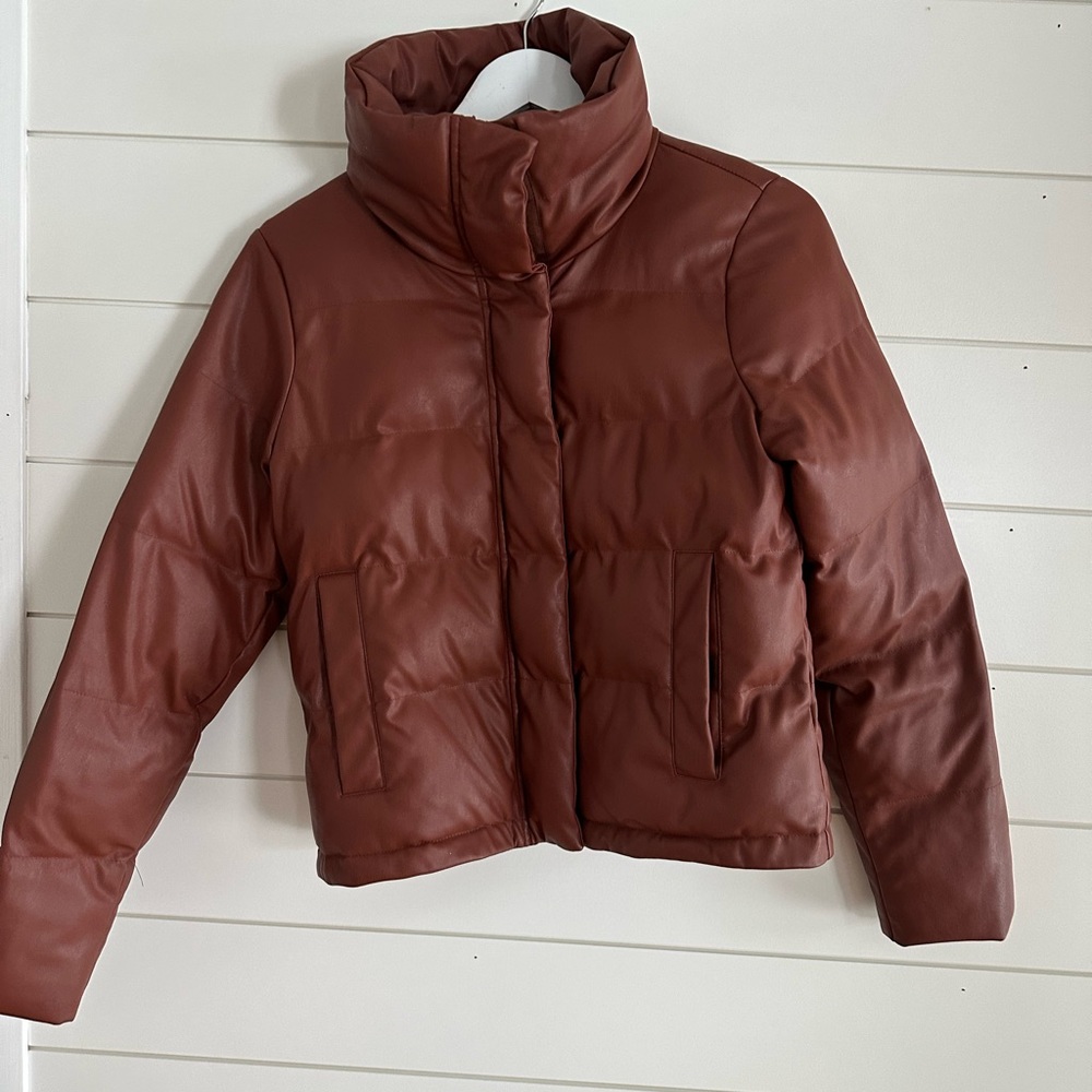 Abercrombie Brown Vegan Leather Puffer Jacket